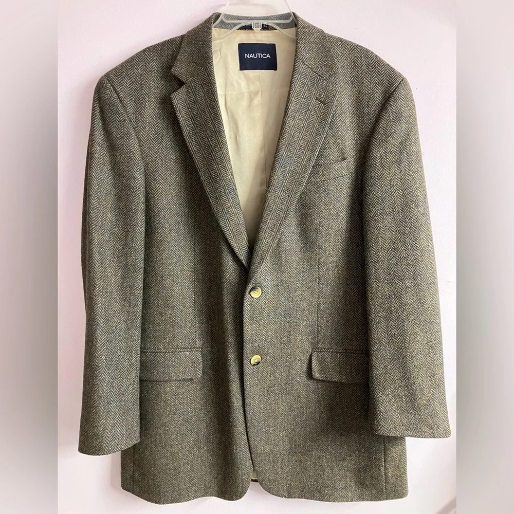 Men’s 100% Wool Blazer, 42L, Herringbone, Sage, by Nautica, Prof/Business